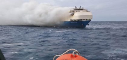 Credit: Ship carrying Porsches and Bentleys ablaze near Azores, towing boats en route. February 18, 2022. Reuters