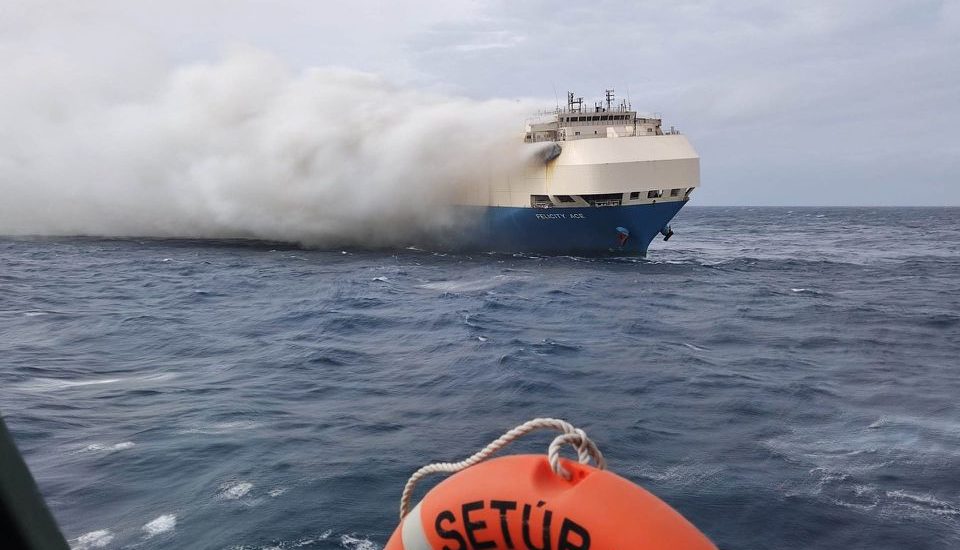 Credit: Ship carrying Porsches and Bentleys ablaze near Azores, towing boats en route. February 18, 2022. Reuters